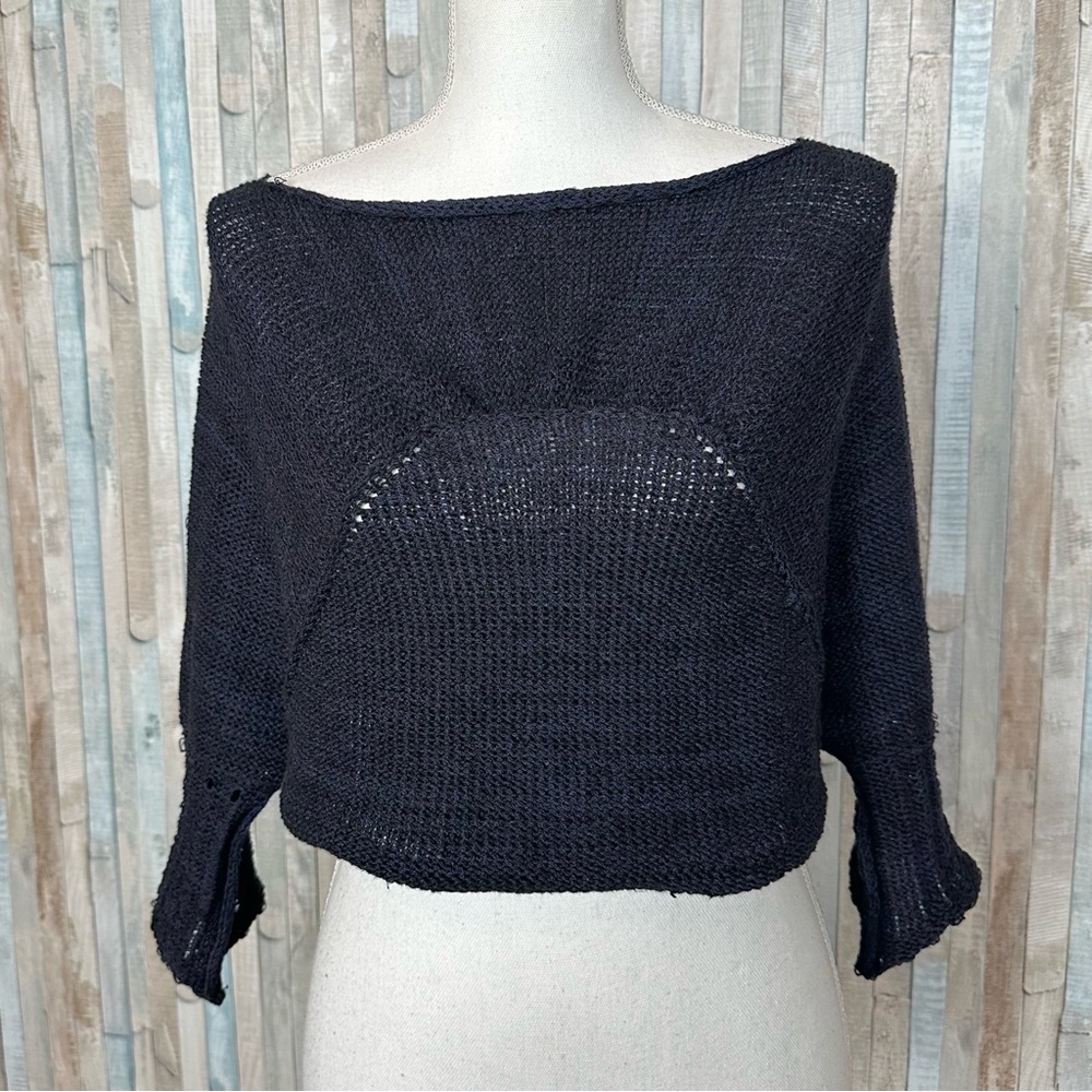 Skif OS Navy Lagenlook Cropped Boxy Loose Knit Yarn Pullover Sweater Top Crop